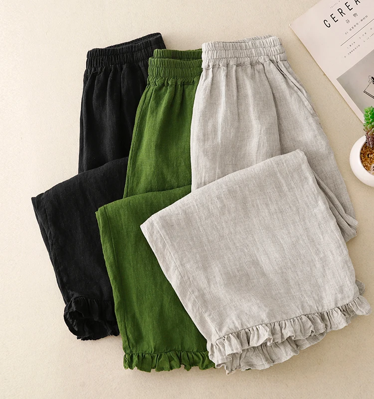 Cotton and Linen Nine-Minute Pants Women's Summer New Japanese Literary Wooden Ear Edge Fashion Chic High Waist Wide Leg Pants