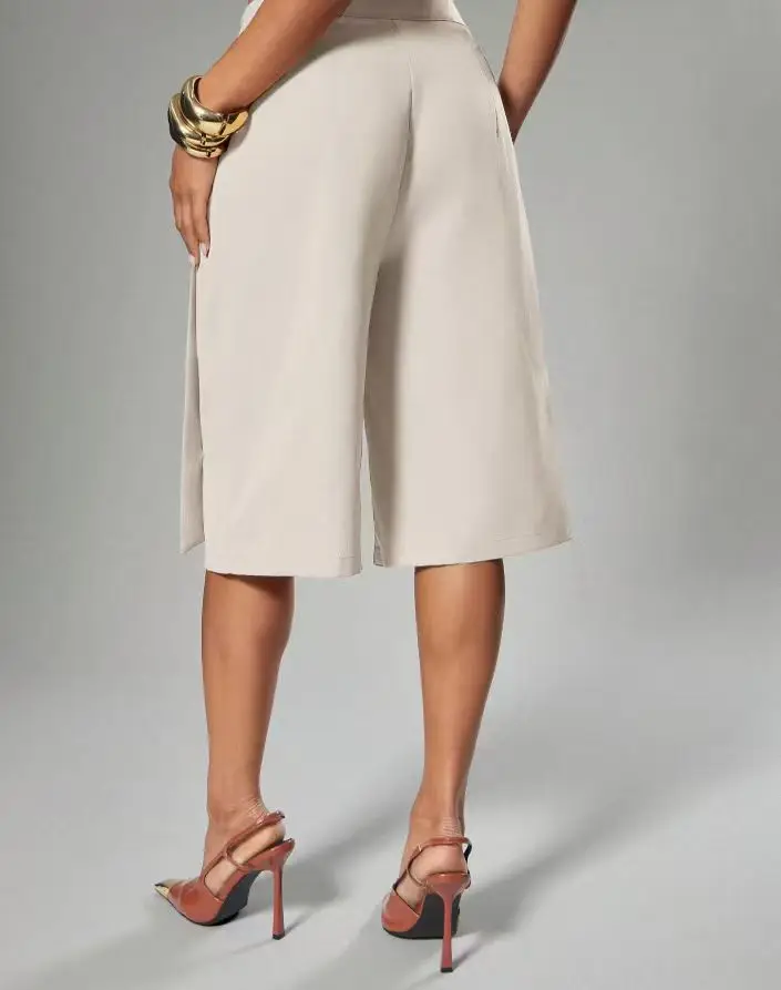 Women Solid Wrap Overlay Shorts Fashion High Waist Lace Up Asymmetrical Wide Leg Knee Length Culottes Casual Office Lady Shorts