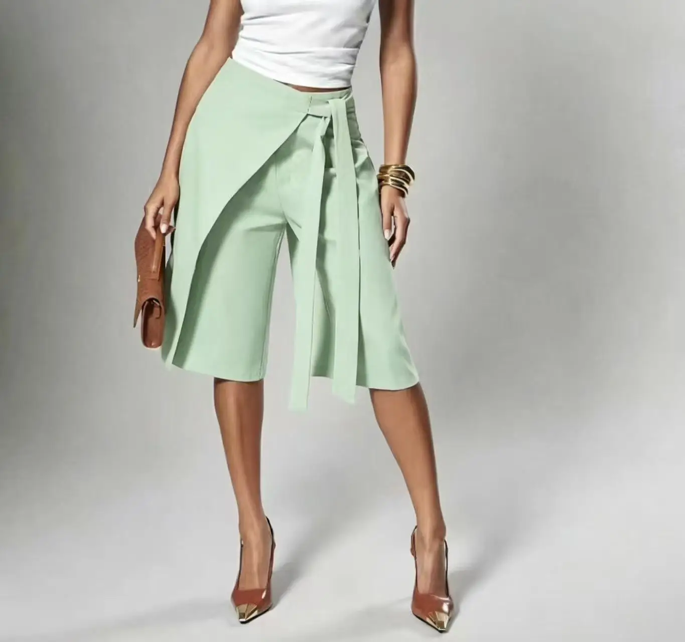 Women Solid Wrap Overlay Shorts Fashion High Waist Lace Up Asymmetrical Wide Leg Knee Length Culottes Casual Office Lady Shorts