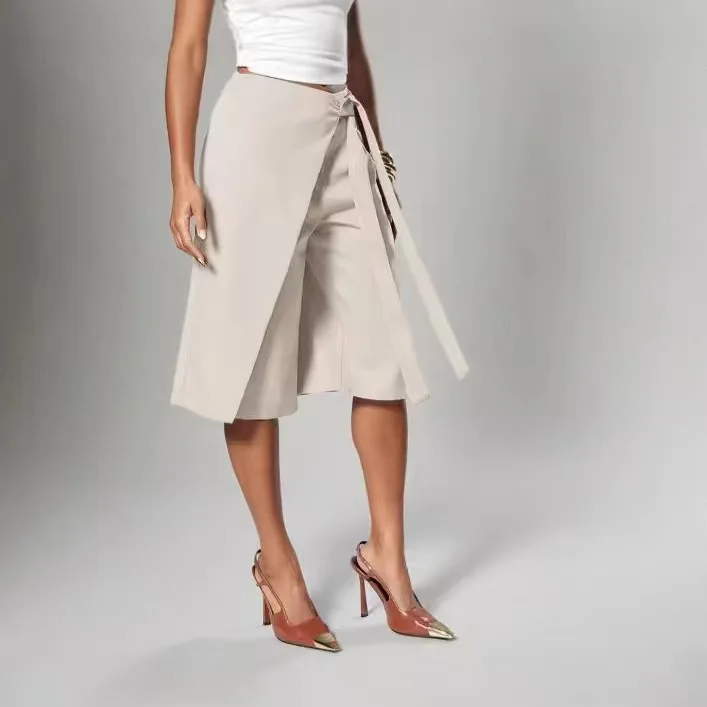 Women Solid Wrap Overlay Shorts Fashion High Waist Lace Up Asymmetrical Wide Leg Knee Length Culottes Casual Office Lady Shorts
