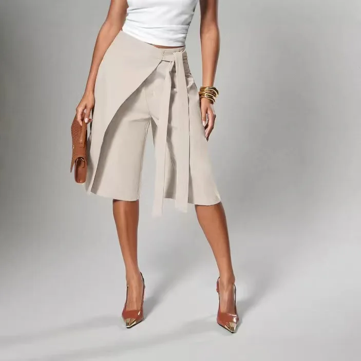 Women Solid Wrap Overlay Shorts Fashion High Waist Lace Up Asymmetrical Wide Leg Knee Length Culottes Casual Office Lady Shorts