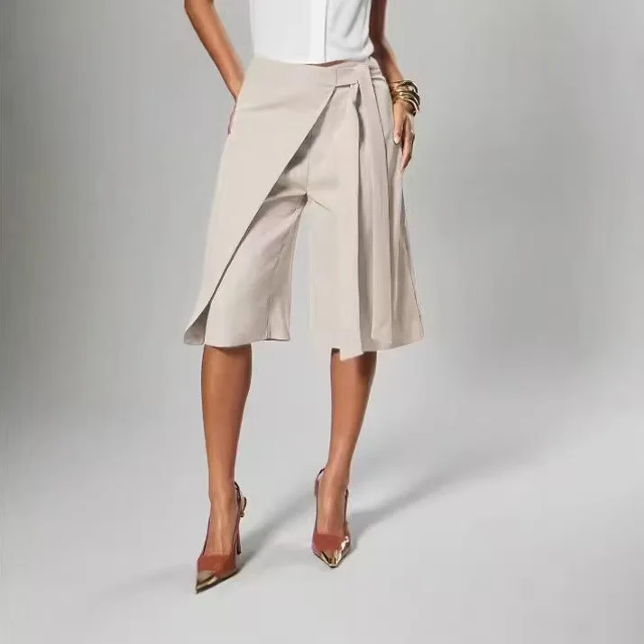 Women Solid Wrap Overlay Shorts Fashion High Waist Lace Up Asymmetrical Wide Leg Knee Length Culottes Casual Office Lady Shorts