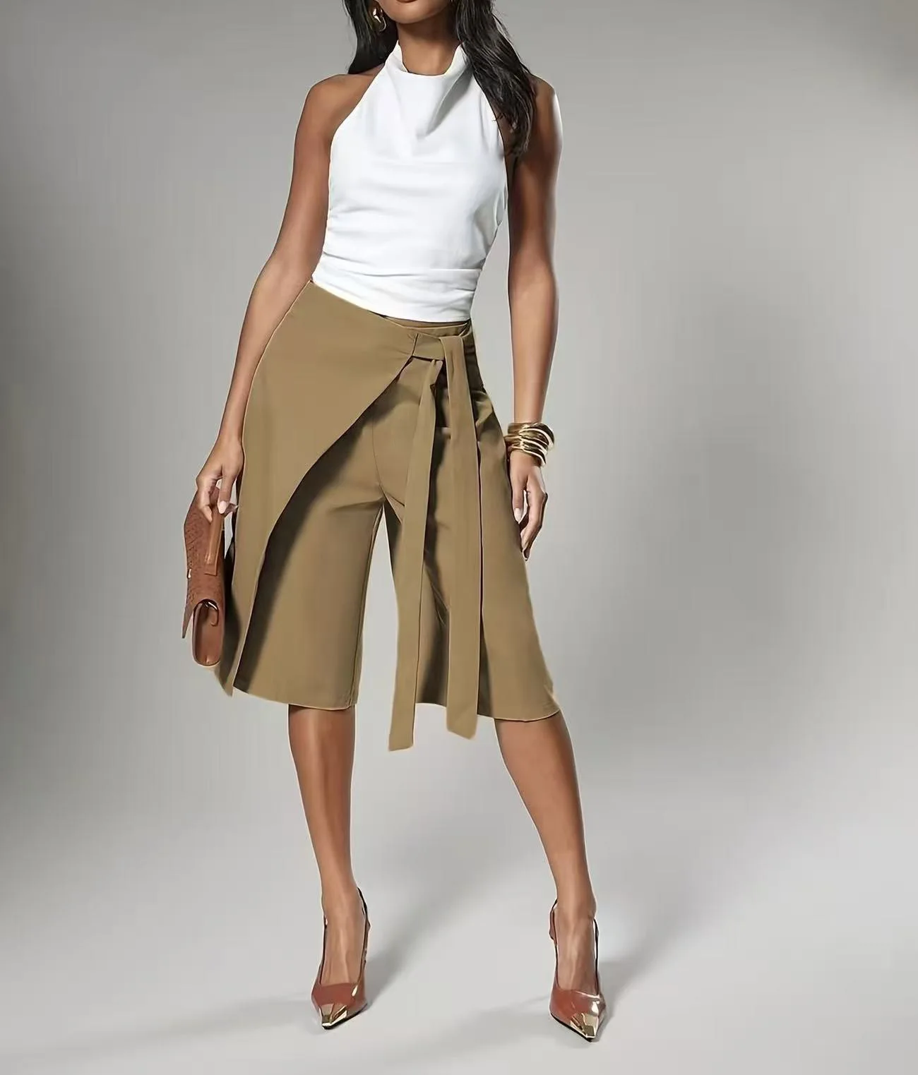 Women Solid Wrap Overlay Shorts Fashion High Waist Lace Up Asymmetrical Wide Leg Knee Length Culottes Casual Office Lady Shorts
