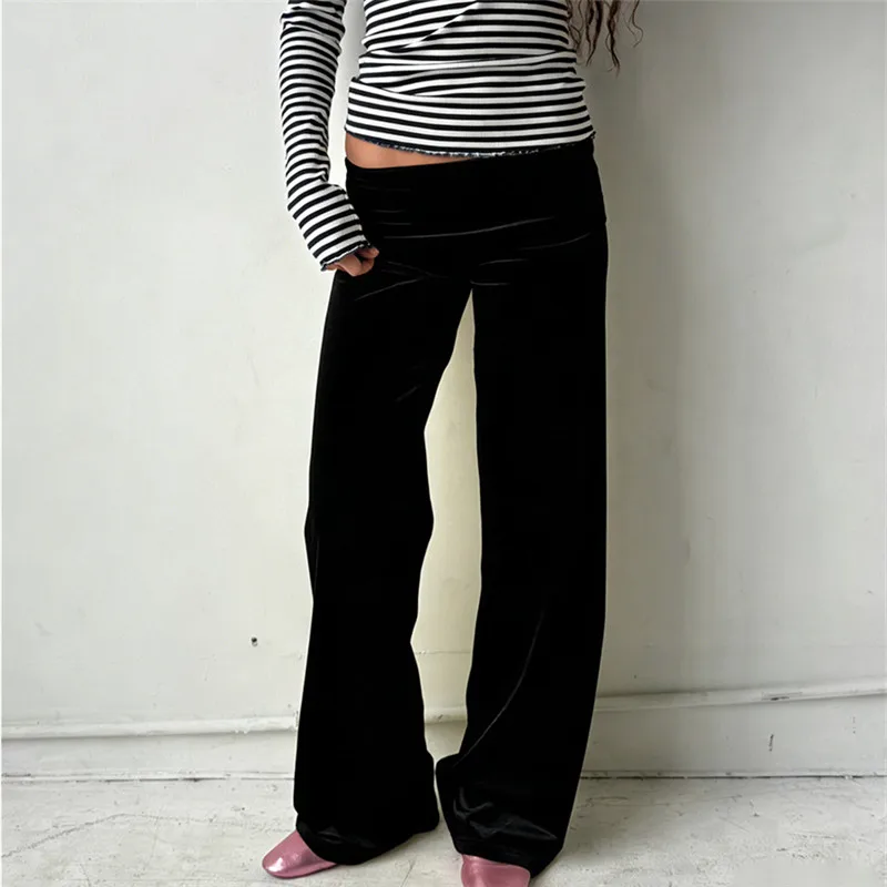 hirigin Women Wide Leg Pants Solid Fold Over Waist Casual Trousers Spring Fall Straight Leg Sweatpants Bottoms Y2K Streetwear