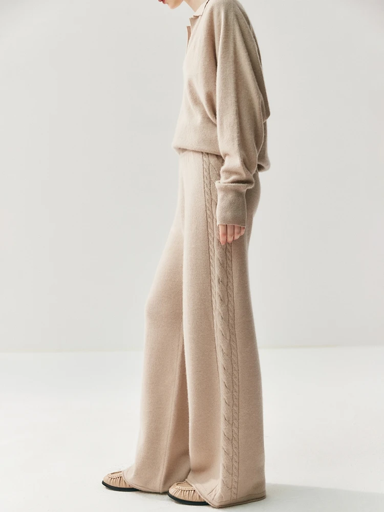 CHICUU Women's 100% Cashmere Pants Wide Leg Pants Autumn Winter Thickness Simple Casual Style Cashmere Knitted Trousers