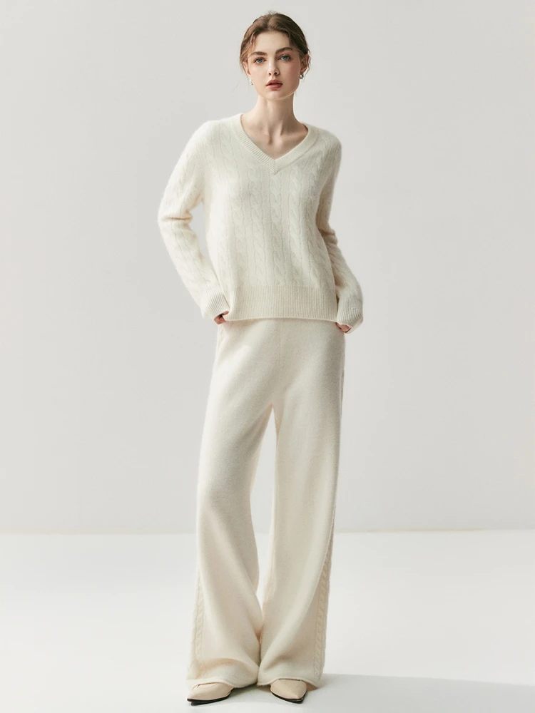CHICUU Women's 100% Cashmere Pants Wide Leg Pants Autumn Winter Thickness Simple Casual Style Cashmere Knitted Trousers