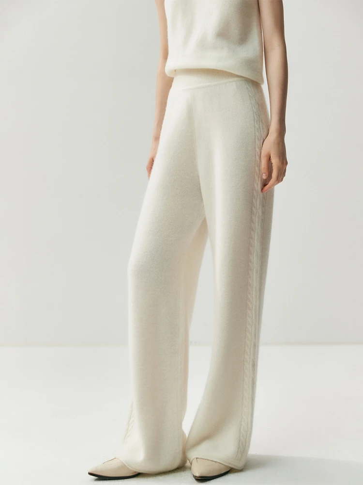 CHICUU Women's 100% Cashmere Pants Wide Leg Pants Autumn Winter Thickness Simple Casual Style Cashmere Knitted Trousers