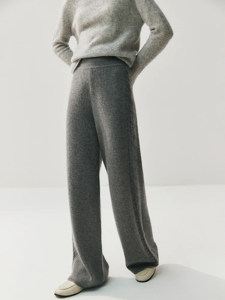 CHICUU Women's 100% Cashmere Pants Wide Leg Pants Autumn Winter Thickness Simple Casual Style Cashmere Knitted Trousers