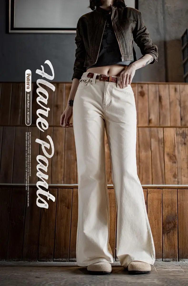 Maden Women’s Casual Pants Mid Rise Versatile Beige Pants 100% Cotton Slim Fit Flare Trousers Autumn