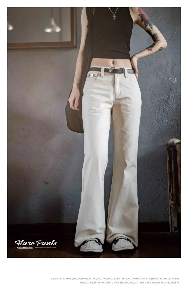 Maden Women’s Casual Pants Mid Rise Versatile Beige Pants 100% Cotton Slim Fit Flare Trousers Autumn