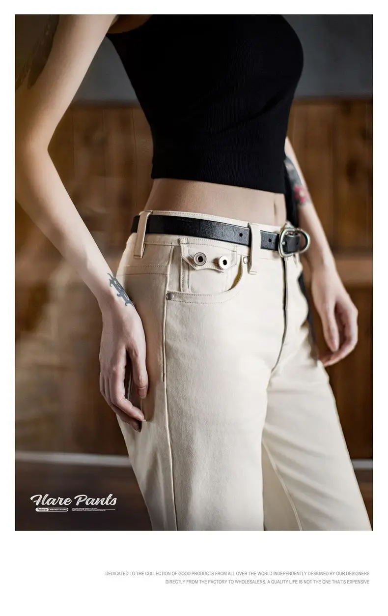 Maden Women’s Casual Pants Mid Rise Versatile Beige Pants 100% Cotton Slim Fit Flare Trousers Autumn