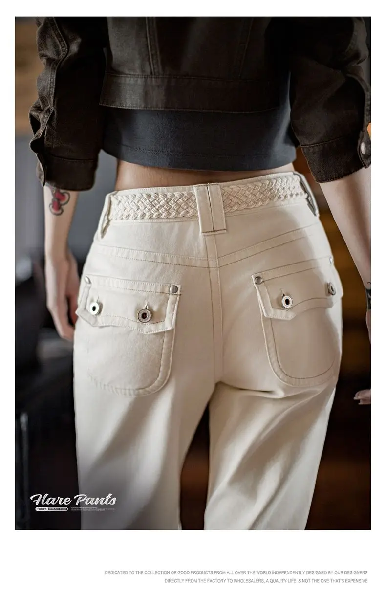 Maden Women’s Casual Pants Mid Rise Versatile Beige Pants 100% Cotton Slim Fit Flare Trousers Autumn