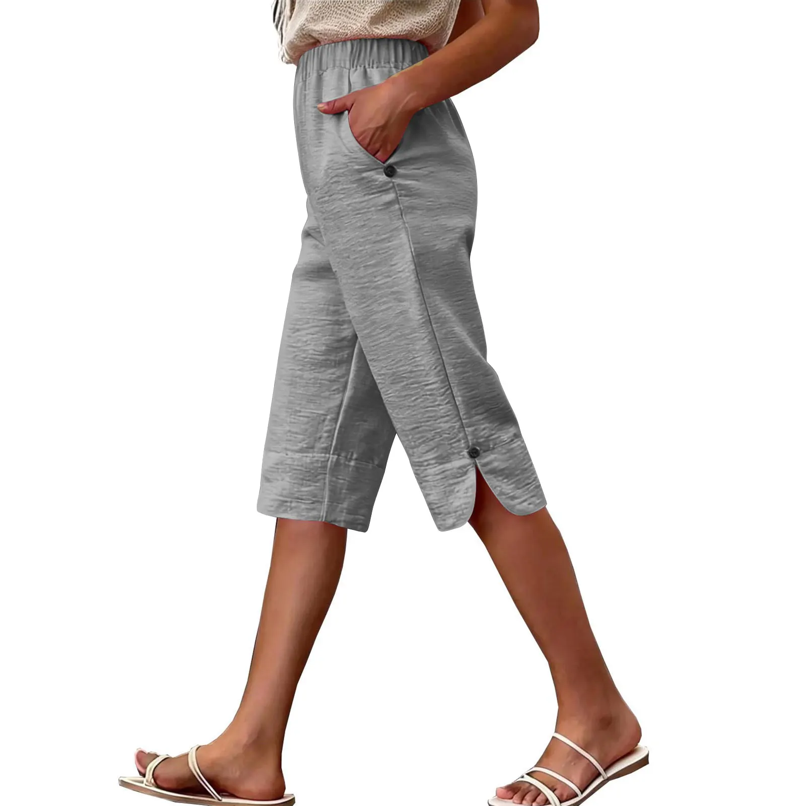 Women's Summer Capri Pants Casual Elastic High Waist Knee Length Pants With Pockets Solid Color Beach Cropped Trousers Capris