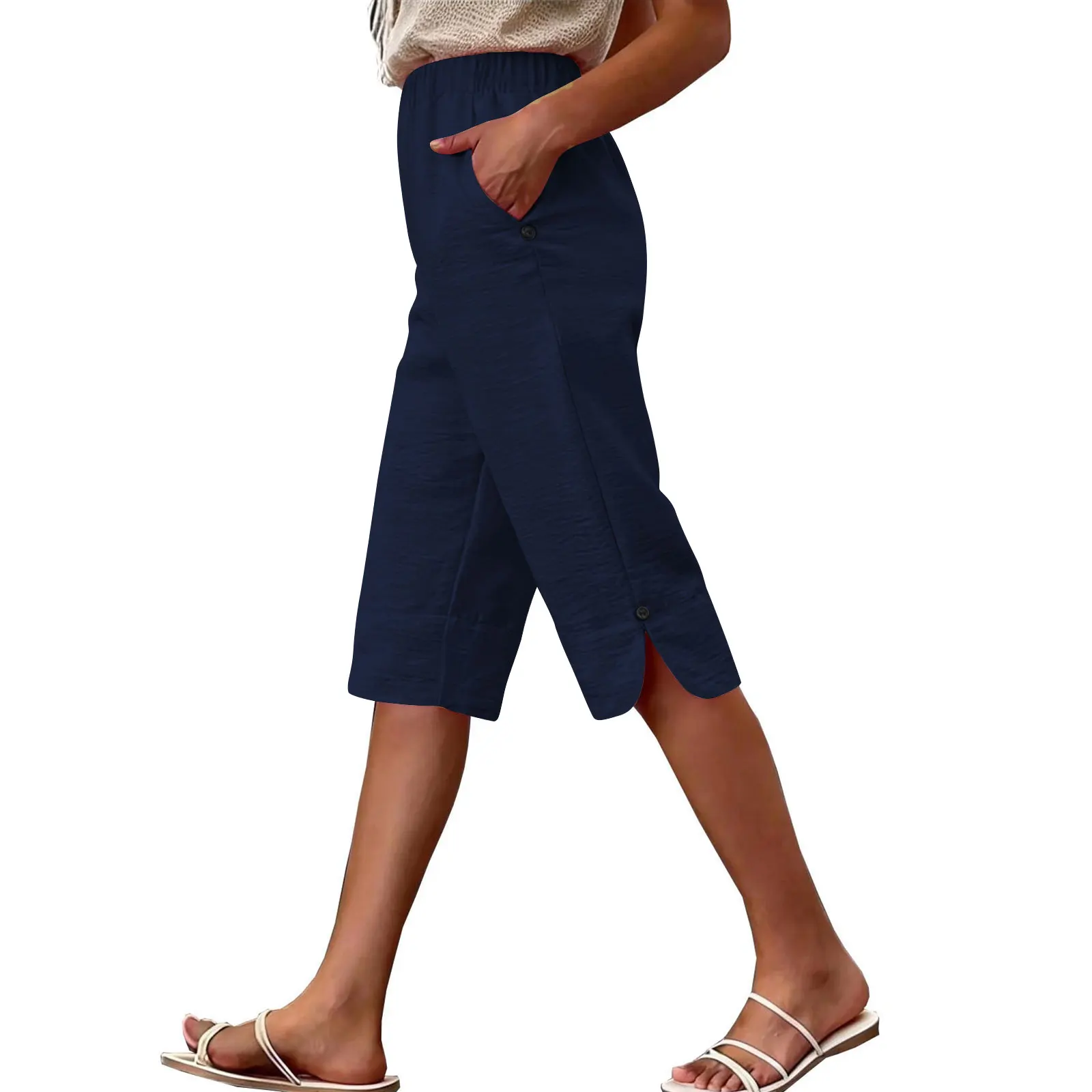 Women's Summer Capri Pants Casual Elastic High Waist Knee Length Pants With Pockets Solid Color Beach Cropped Trousers Capris