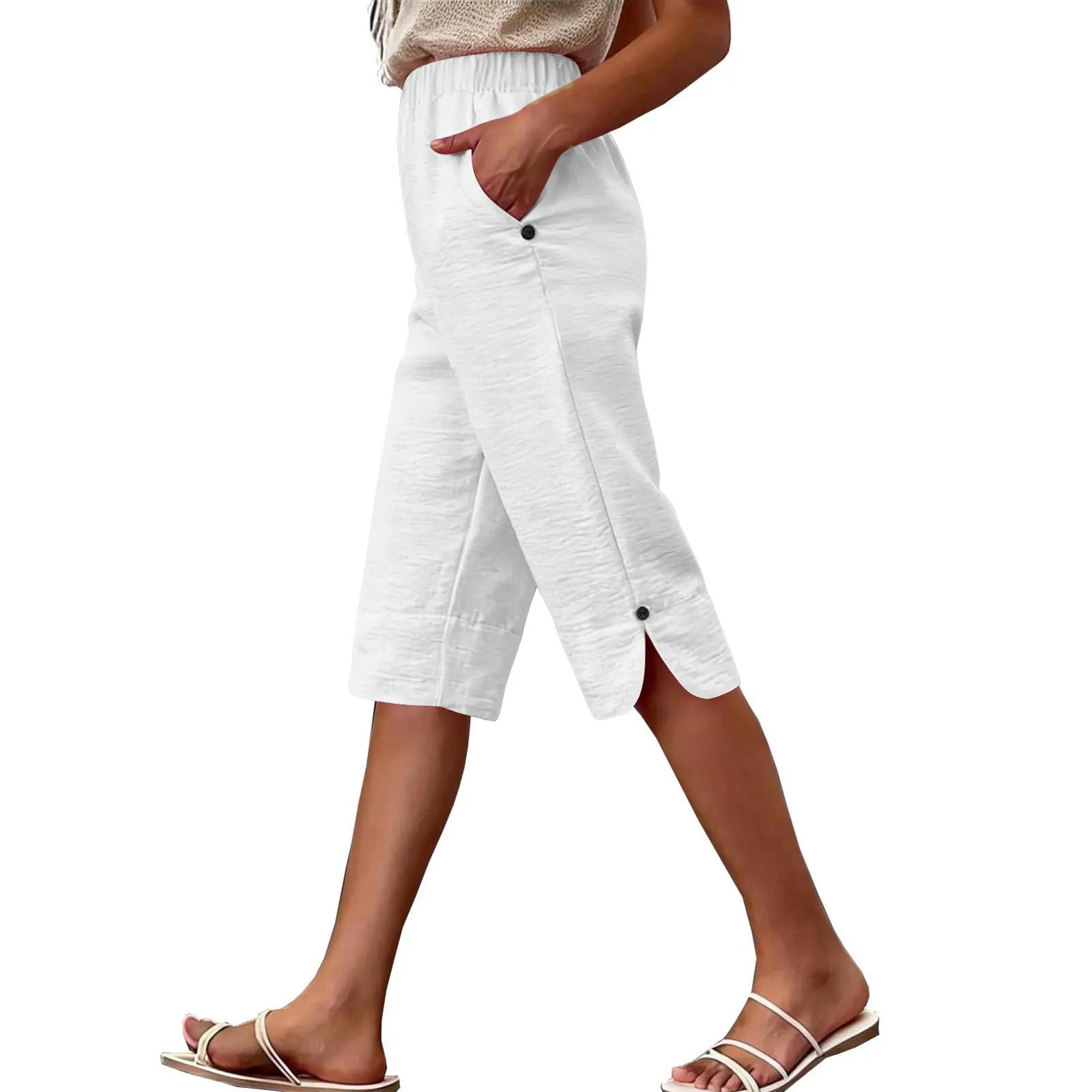 Women's Summer Capri Pants Casual Elastic High Waist Knee Length Pants With Pockets Solid Color Beach Cropped Trousers Capris
