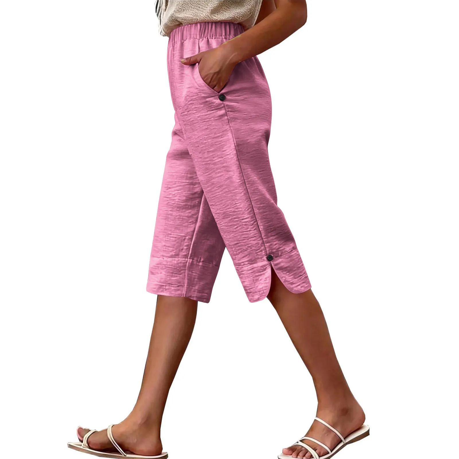 Women's Summer Capri Pants Casual Elastic High Waist Knee Length Pants With Pockets Solid Color Beach Cropped Trousers Capris