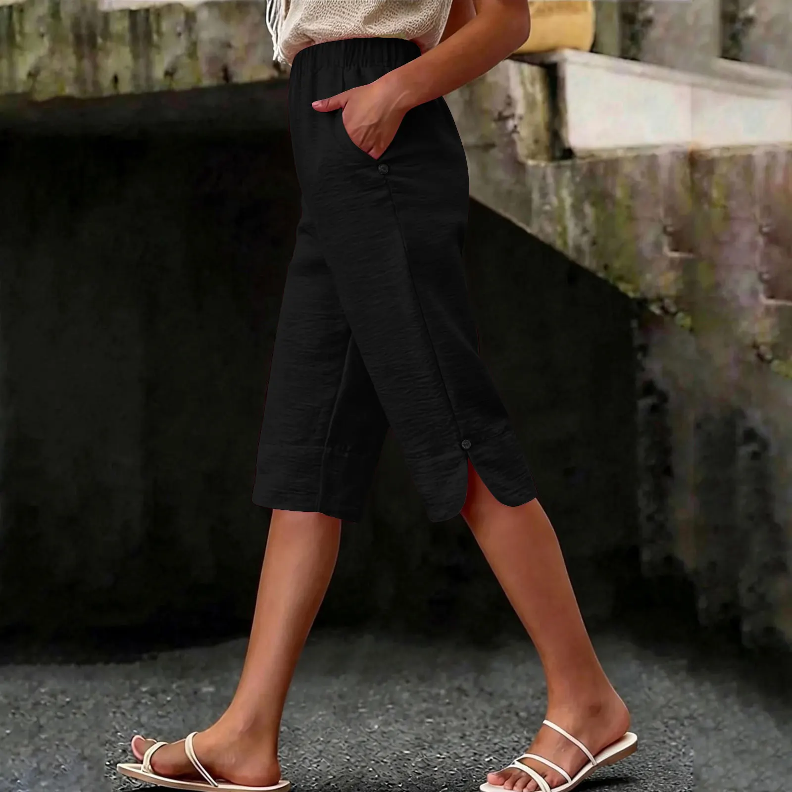 Women's Summer Capri Pants Casual Elastic High Waist Knee Length Pants With Pockets Solid Color Beach Cropped Trousers Capris