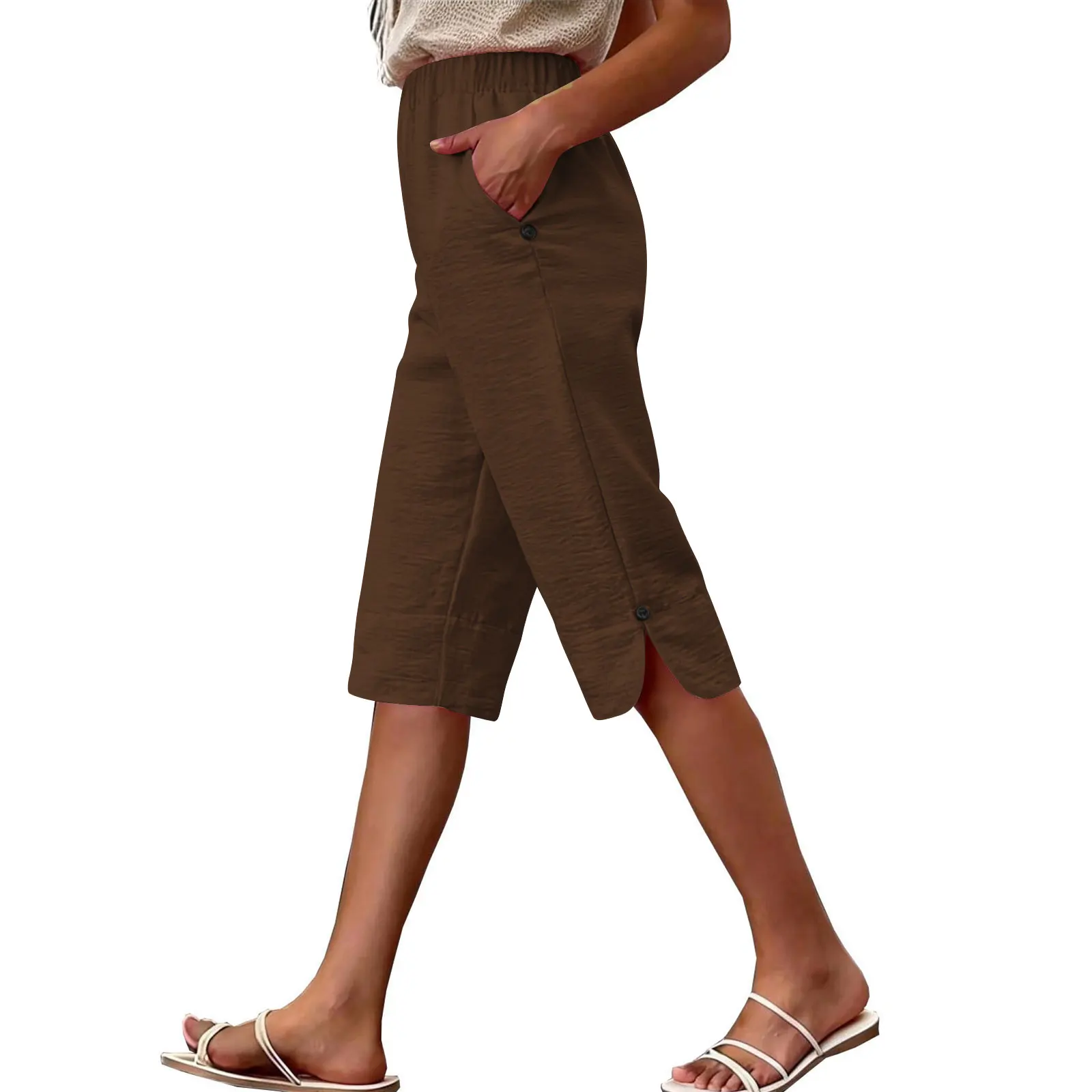 Women's Summer Capri Pants Casual Elastic High Waist Knee Length Pants With Pockets Solid Color Beach Cropped Trousers Capris
