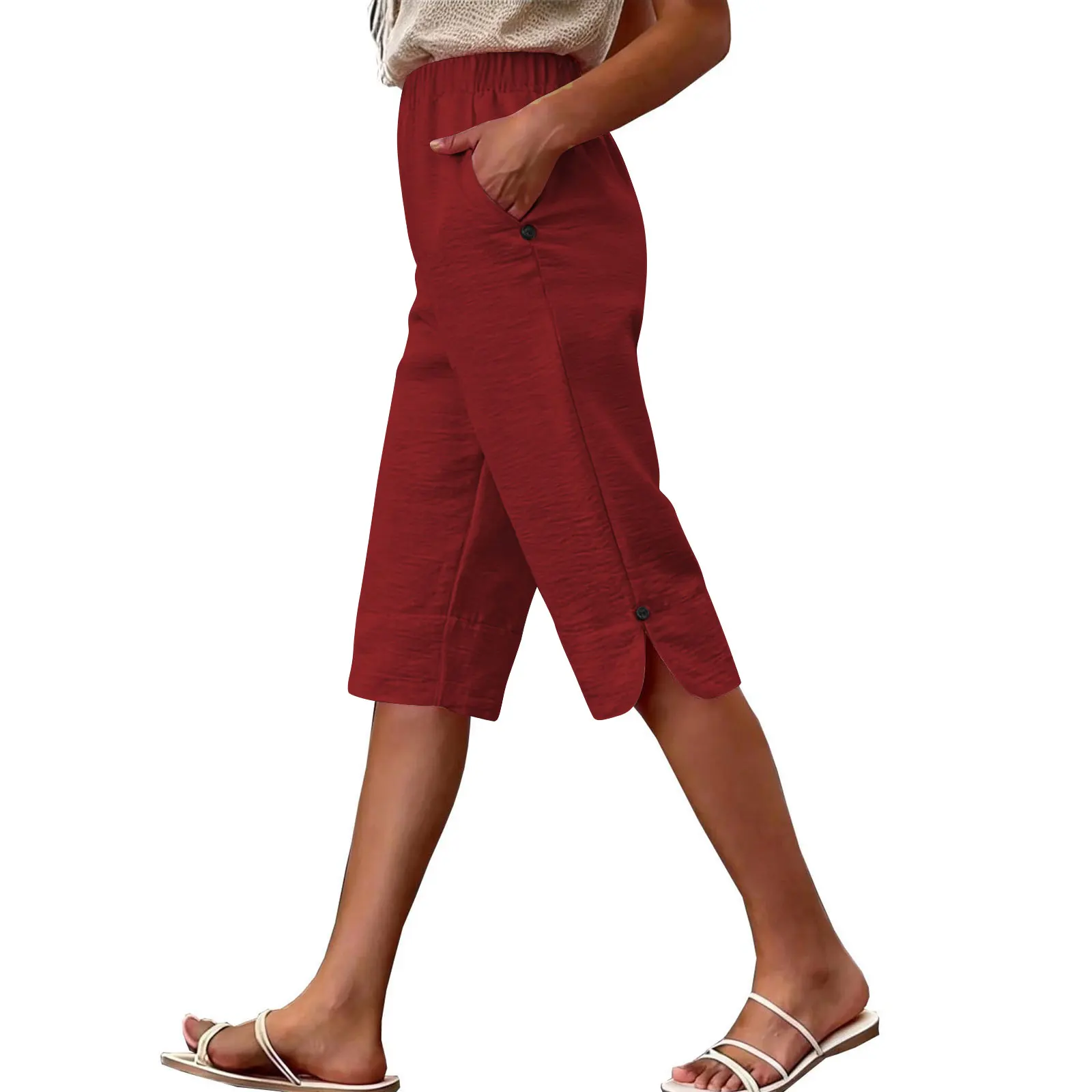Women's Summer Capri Pants Casual Elastic High Waist Knee Length Pants With Pockets Solid Color Beach Cropped Trousers Capris