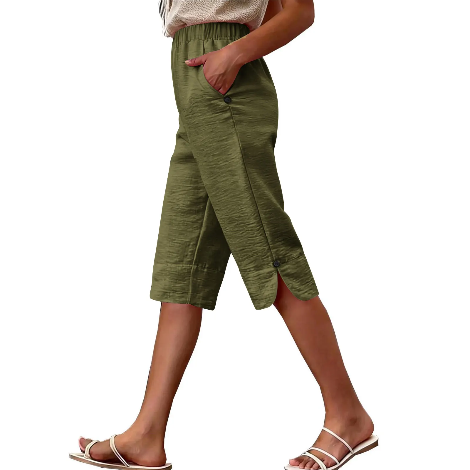 Women's Summer Capri Pants Casual Elastic High Waist Knee Length Pants With Pockets Solid Color Beach Cropped Trousers Capris