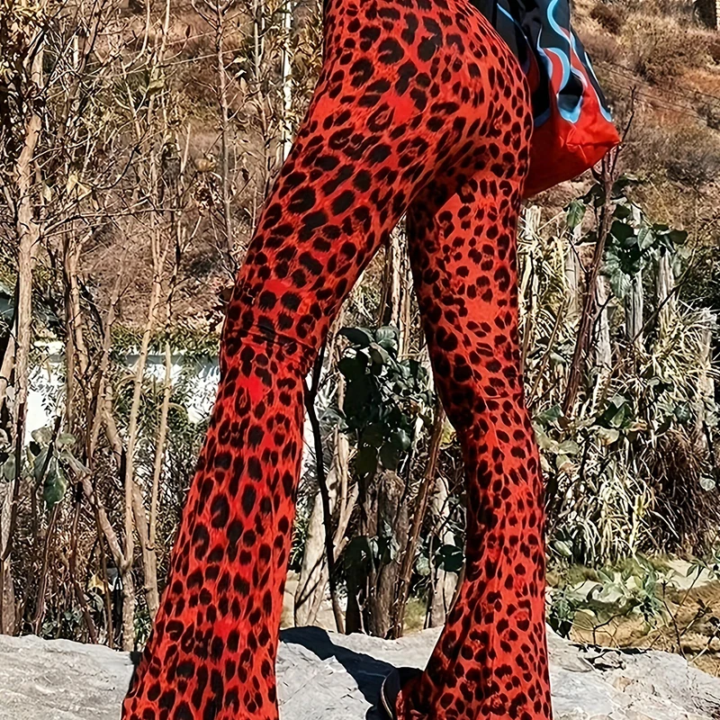 BKLD 2024 Sexy Wild Leopard Print Women Out Door Flare Pants High Waist Stretchy Y2K Retro Fashion Leisure Holiday Street Bottom