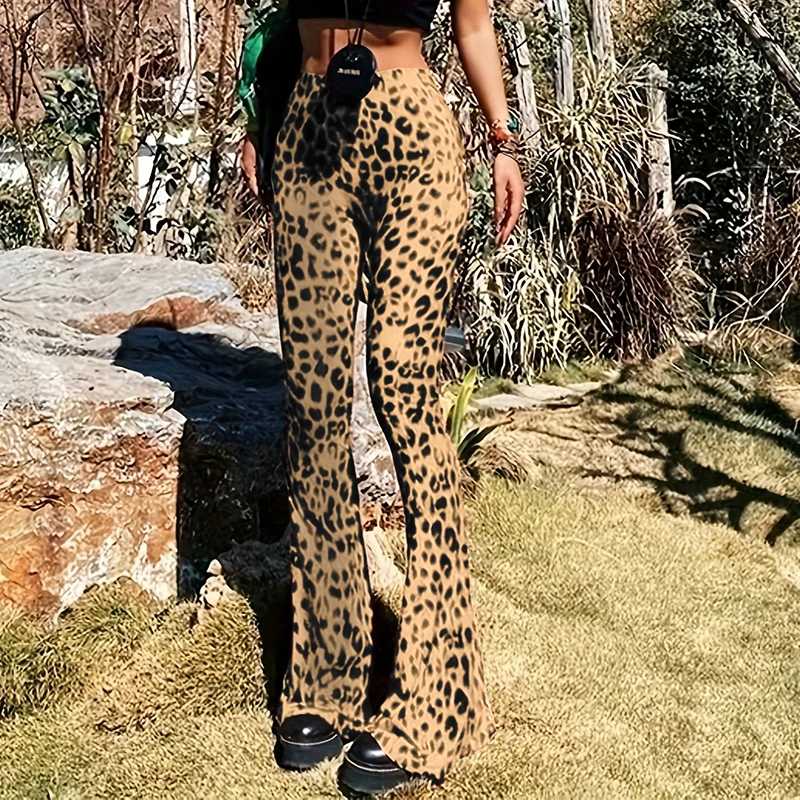 BKLD 2024 Sexy Wild Leopard Print Women Out Door Flare Pants High Waist Stretchy Y2K Retro Fashion Leisure Holiday Street Bottom