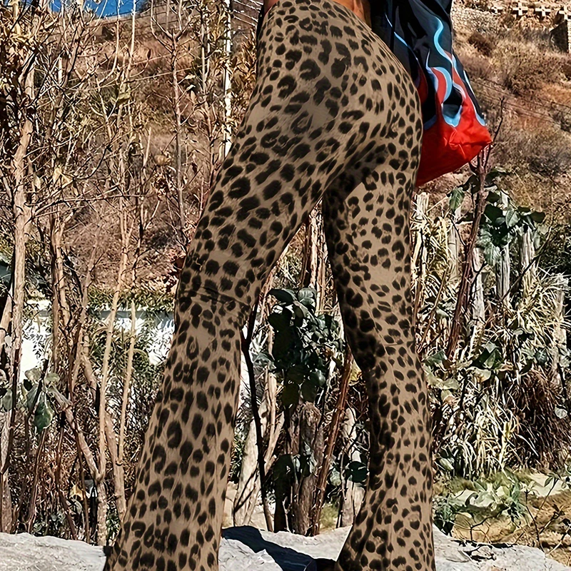 BKLD 2024 Sexy Wild Leopard Print Women Out Door Flare Pants High Waist Stretchy Y2K Retro Fashion Leisure Holiday Street Bottom