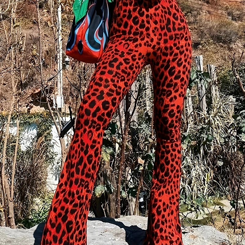 BKLD 2024 Sexy Wild Leopard Print Women Out Door Flare Pants High Waist Stretchy Y2K Retro Fashion Leisure Holiday Street Bottom