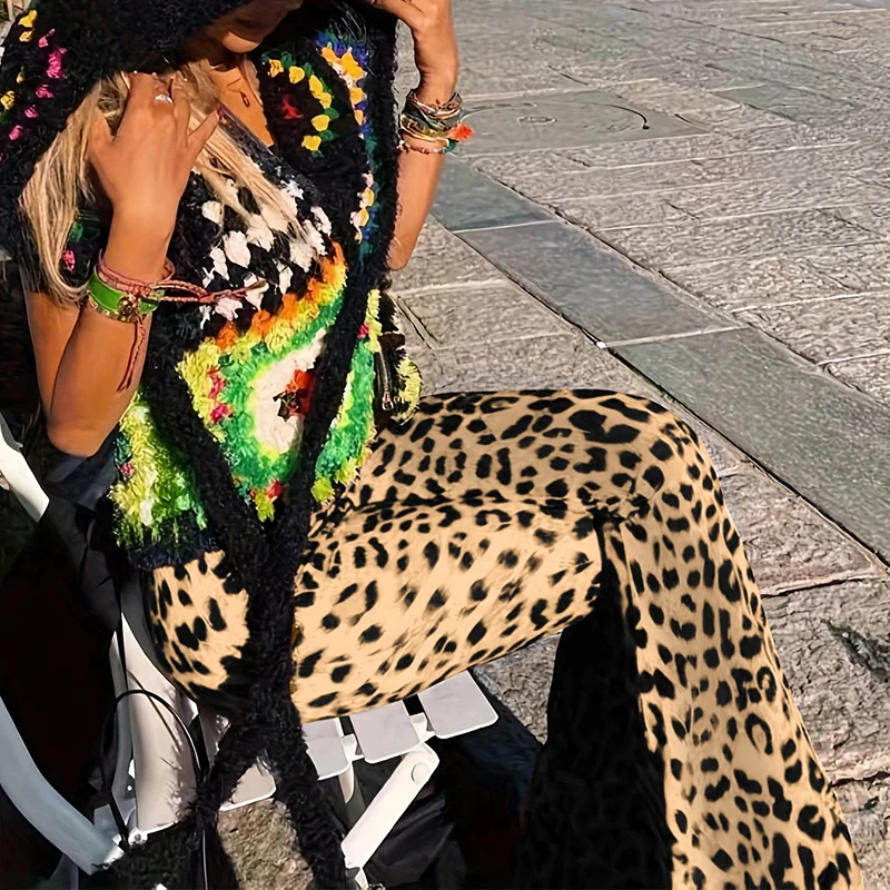 BKLD 2024 Sexy Wild Leopard Print Women Out Door Flare Pants High Waist Stretchy Y2K Retro Fashion Leisure Holiday Street Bottom