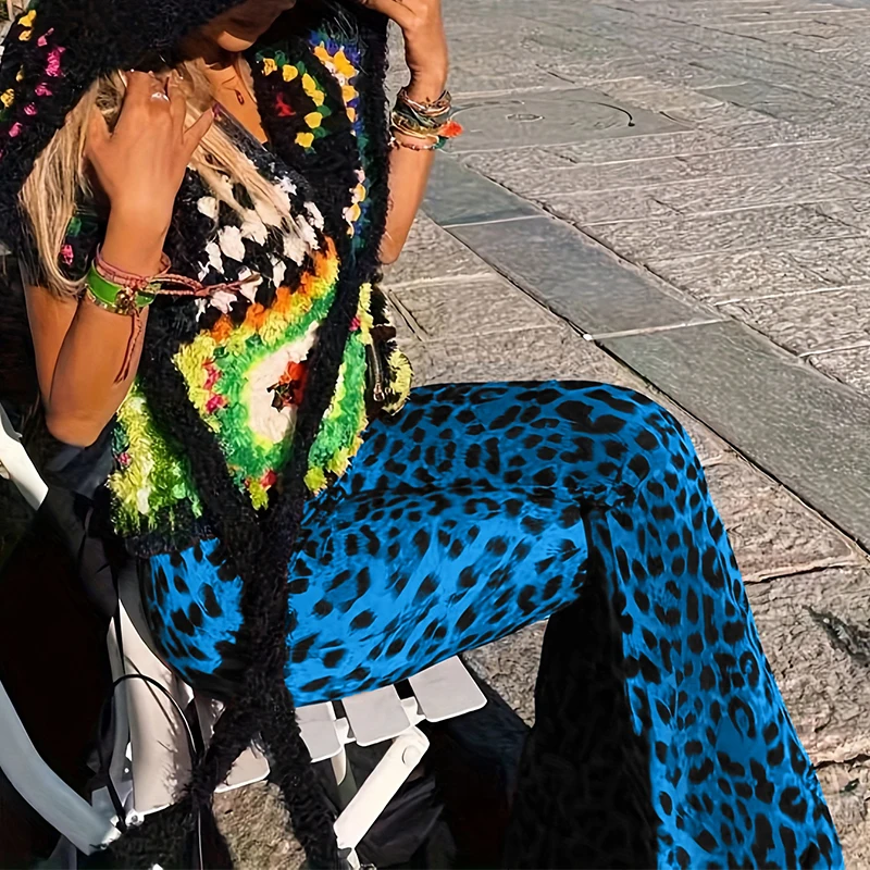 BKLD 2024 Sexy Wild Leopard Print Women Out Door Flare Pants High Waist Stretchy Y2K Retro Fashion Leisure Holiday Street Bottom