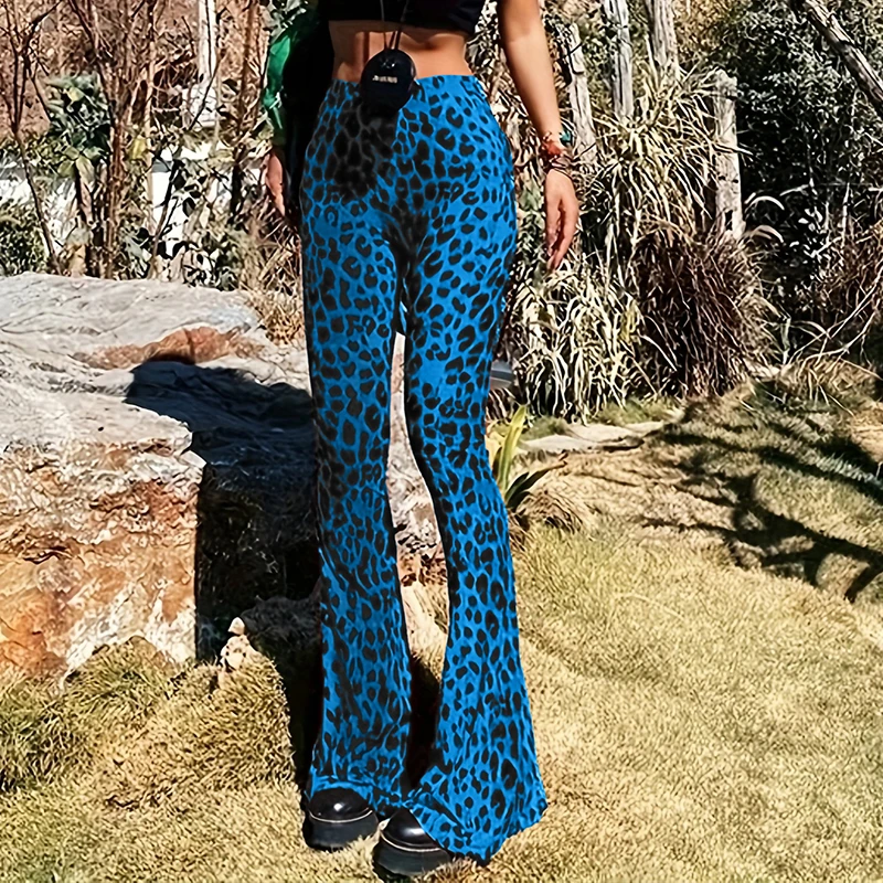 BKLD 2024 Sexy Wild Leopard Print Women Out Door Flare Pants High Waist Stretchy Y2K Retro Fashion Leisure Holiday Street Bottom
