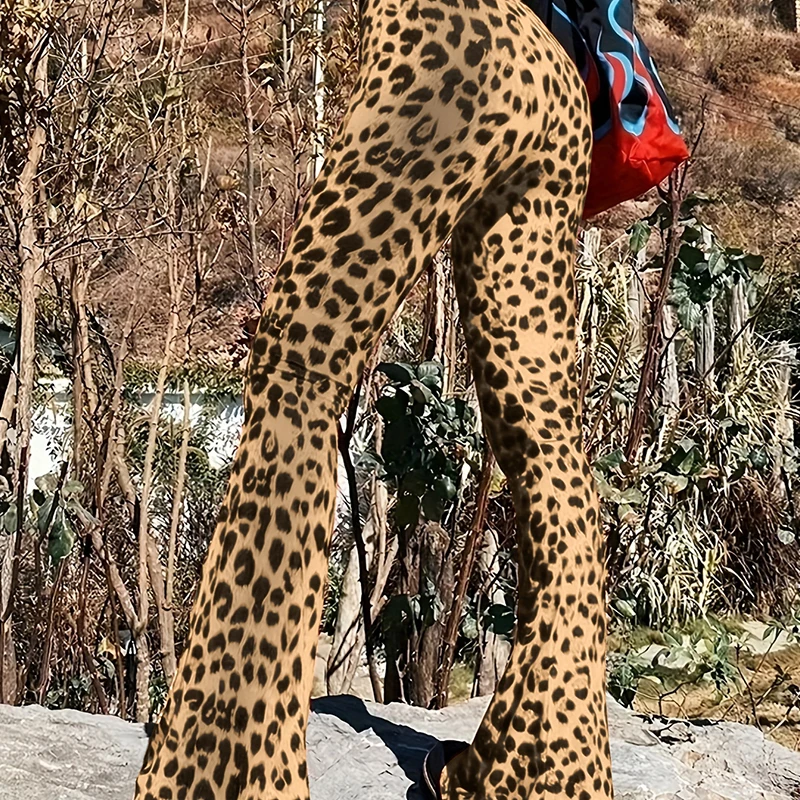 BKLD 2024 Sexy Wild Leopard Print Women Out Door Flare Pants High Waist Stretchy Y2K Retro Fashion Leisure Holiday Street Bottom