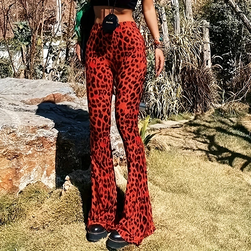 BKLD 2024 Sexy Wild Leopard Print Women Out Door Flare Pants High Waist Stretchy Y2K Retro Fashion Leisure Holiday Street Bottom