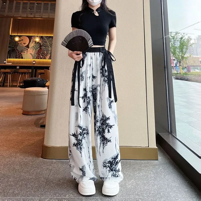 Women's Thin Casual Ice Silk Chiffon Wide Leg Pants 2025 Summer New Style Strap Drop Straight Tube Floor Trousers Korean Women