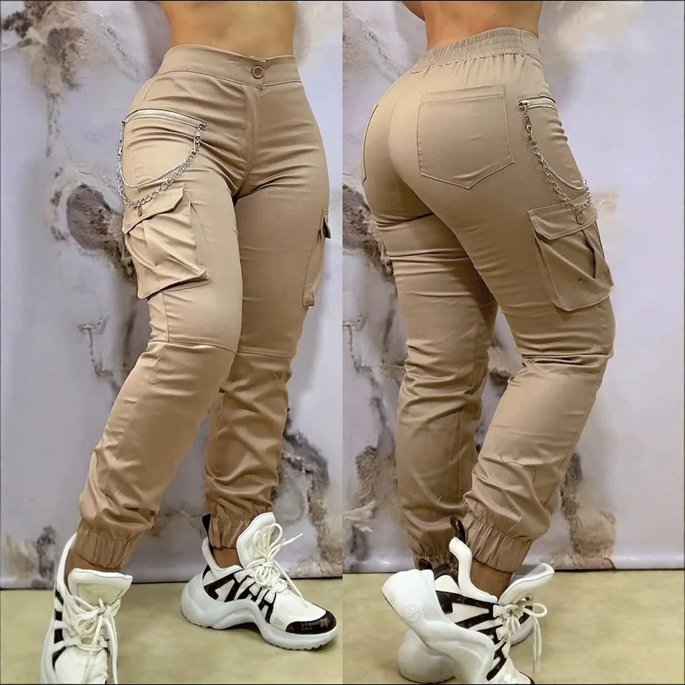 2025 New Women's Pants Sim-fit Fashion All-in-one Khaki Bunched Feet Elastic Multi-pocket Chain Cargo Pants Trend High Street