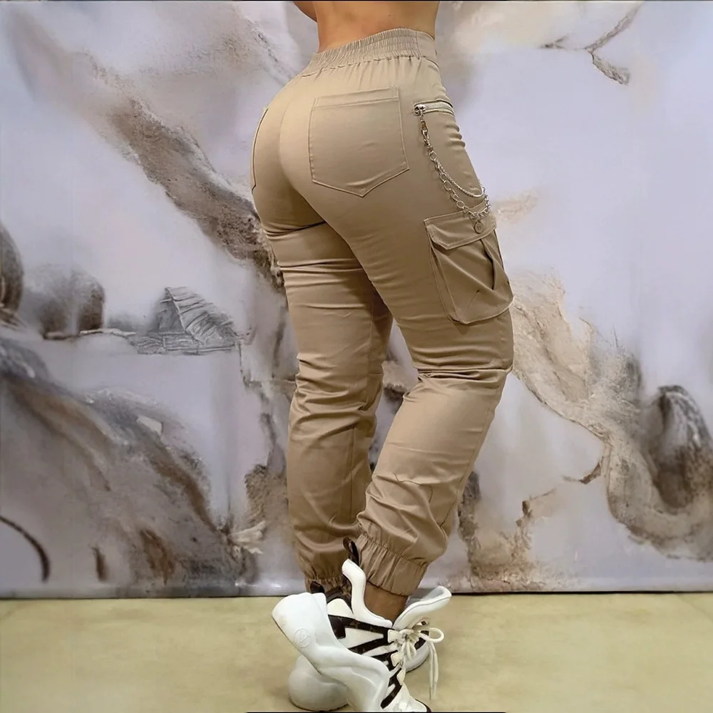 2025 New Women's Pants Sim-fit Fashion All-in-one Khaki Bunched Feet Elastic Multi-pocket Chain Cargo Pants Trend High Street