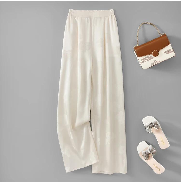 100% Mulberry Silk 19 Momme Jacquard Silk Women Casual Pants Elastic Waist Straight-leg Long Trousers with pockets FF082