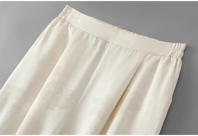 100% Mulberry Silk 19 Momme Jacquard Silk Women Casual Pants Elastic Waist Straight-leg Long Trousers with pockets FF082