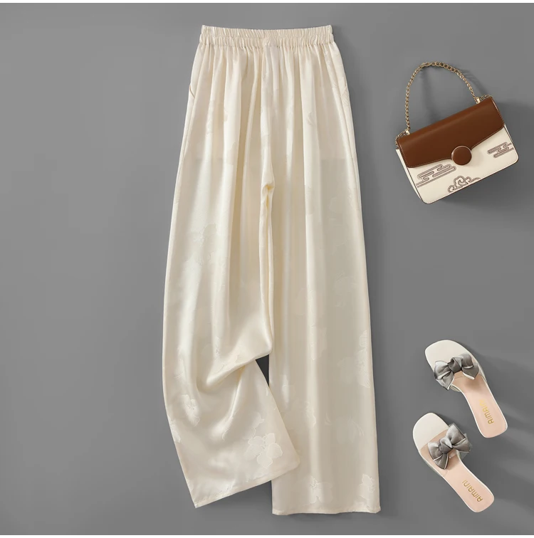 100% Mulberry Silk 19 Momme Jacquard Silk Women Casual Pants Elastic Waist Straight-leg Long Trousers with pockets FF082