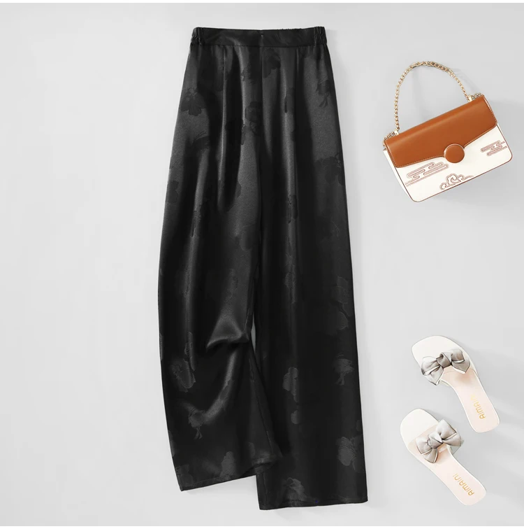 100% Mulberry Silk 19 Momme Jacquard Silk Women Casual Pants Elastic Waist Straight-leg Long Trousers with pockets FF082
