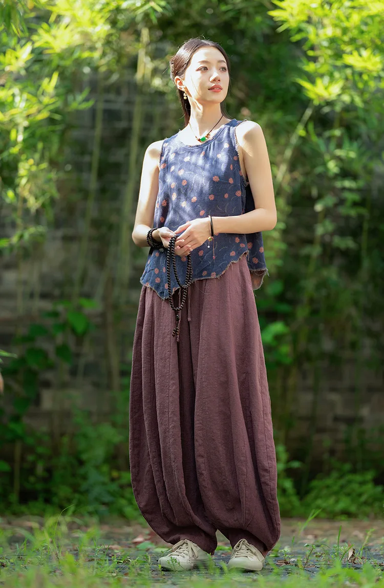 Johnature Women Vintage High Quality Cotton Ramie Bloomers Pants Solid Color Loose Autumn Trousers 2025 New Elastic Waist Pants