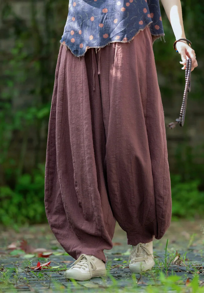 Johnature Women Vintage High Quality Cotton Ramie Bloomers Pants Solid Color Loose Autumn Trousers 2025 New Elastic Waist Pants