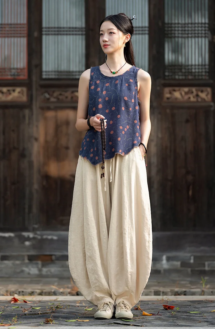 Johnature Women Vintage High Quality Cotton Ramie Bloomers Pants Solid Color Loose Autumn Trousers 2025 New Elastic Waist Pants