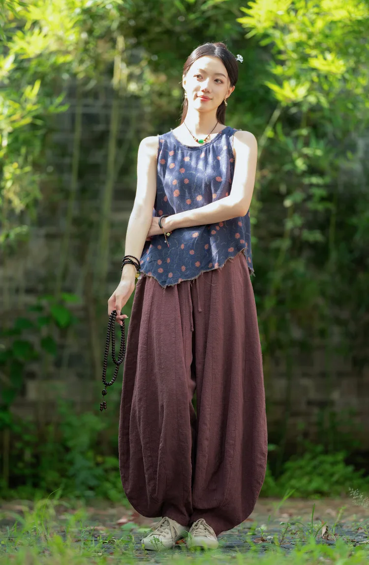 Johnature Women Vintage High Quality Cotton Ramie Bloomers Pants Solid Color Loose Autumn Trousers 2025 New Elastic Waist Pants