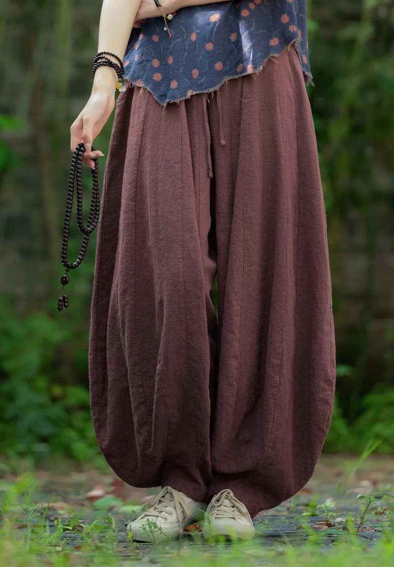 Johnature Women Vintage High Quality Cotton Ramie Bloomers Pants Solid Color Loose Autumn Trousers 2025 New Elastic Waist Pants