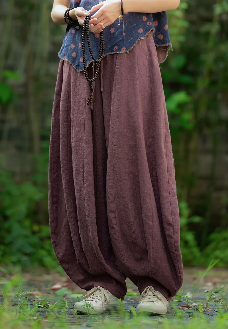 Johnature Women Vintage High Quality Cotton Ramie Bloomers Pants Solid Color Loose Autumn Trousers 2025 New Elastic Waist Pants