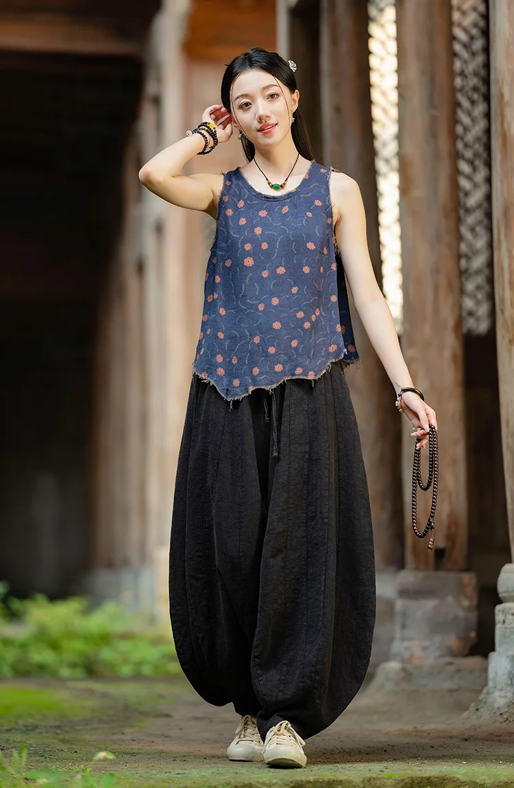 Johnature Women Vintage High Quality Cotton Ramie Bloomers Pants Solid Color Loose Autumn Trousers 2025 New Elastic Waist Pants