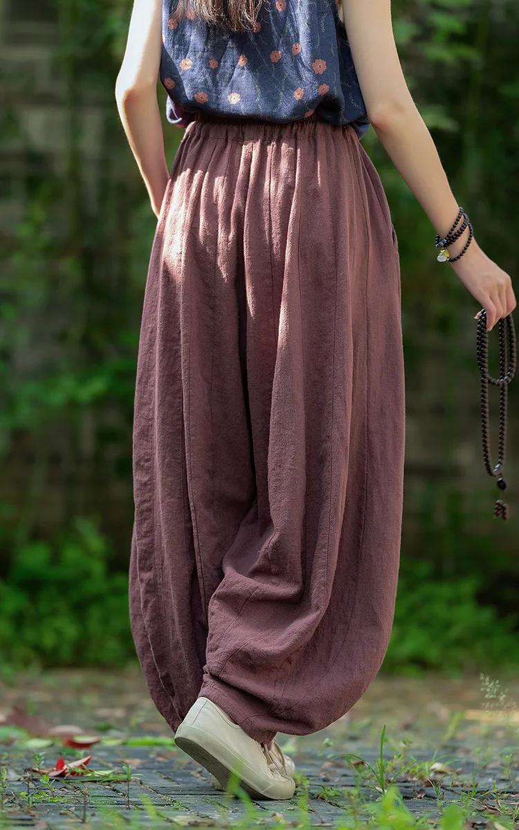 Johnature Women Vintage High Quality Cotton Ramie Bloomers Pants Solid Color Loose Autumn Trousers 2025 New Elastic Waist Pants
