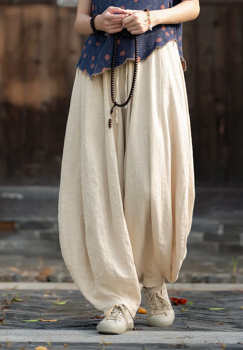 Johnature Women Vintage High Quality Cotton Ramie Bloomers Pants Solid Color Loose Autumn Trousers 2025 New Elastic Waist Pants