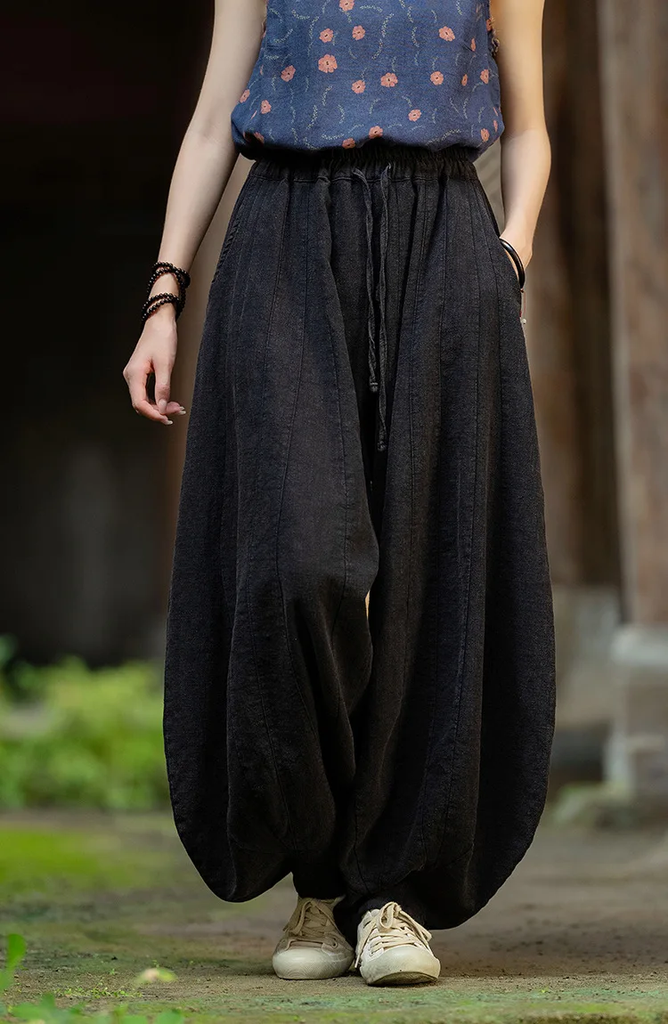 Johnature Women Vintage High Quality Cotton Ramie Bloomers Pants Solid Color Loose Autumn Trousers 2025 New Elastic Waist Pants